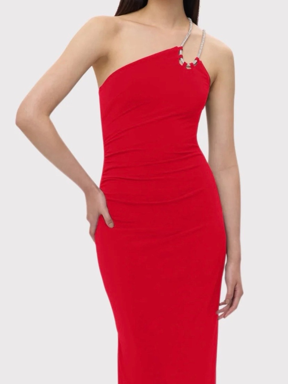 Herve Leger Red One-Shoulder Dress with Silver Chain Strap - Picture 5 of 6